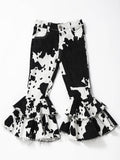 Youth Black Cow Print Double Layer Girls Denim Pants