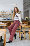 TUMMY CONTROL BURGUNDY HIGH RISE FLARE JEANS
