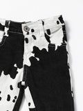 Youth Black Cow Print Double Layer Girls Denim Pants