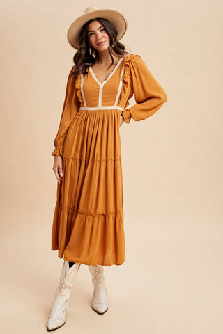 LACE INSET RUFFLE DRESS