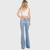 P586MF-MD MID RISE STRETCH FLARE JEANWITH FRAYED TROUSER HEM