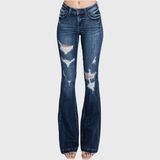 Petite Distressed Mid Rise Stretch Flare