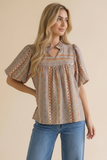 Notch Neck Bubble Sleeve Bohemian Blouse