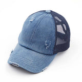 C.C Washed Denim with Crossed Elastic Band Mesh Pony Cap