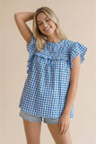 Frilled Mock Neck Shirred Yoke Gingham Blouse