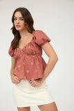 EMBROIDERED DAISY PUFF SLEEVE PLEATED BLOUSE