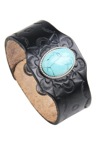 Turquoise Stone Embellished Embossed Leather Cuff