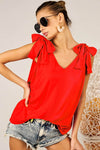RAYON SPANDEX V NECK TOP WITH SHOULDER RIBBON TIED