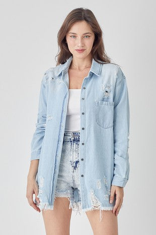 Distressed Relaxed Denim Shirt