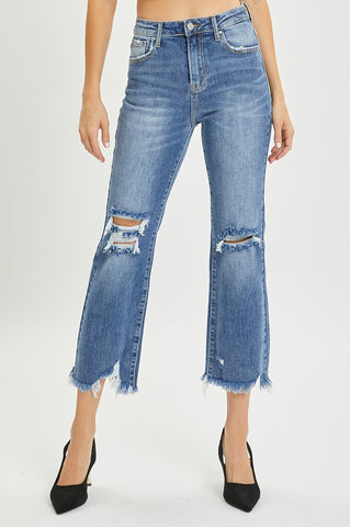 Medium Wash High Rise Straight Leg Cropped Jean