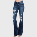 Petite Distressed Mid Rise Stretch Flare