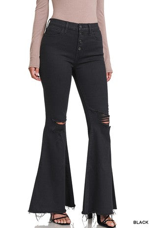 DISTRESSED HIGH RISE BELL BOTTOM BLACK JEANS