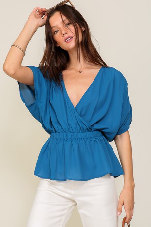 Ruched Short Sleeve Surplice Top