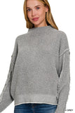 Oversized Mock Neck Raw Seam Chenille Sweater
