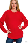 HI-LOW LONG SLEEVE ROUND NECK WAFFLE SWEATER