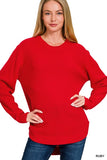 HI-LOW LONG SLEEVE ROUND NECK WAFFLE SWEATER