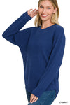 HI-LOW LONG SLEEVE ROUND NECK WAFFLE SWEATER