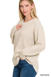 HI-LOW LONG SLEEVE ROUND NECK WAFFLE SWEATER