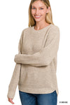 Hi-Low Long Sleeve Round Neck Waffle Sweater