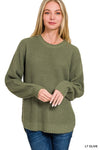 HI-LOW LONG SLEEVE ROUND NECK WAFFLE SWEATER