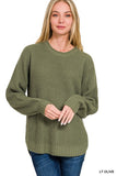 HI-LOW LONG SLEEVE ROUND NECK WAFFLE SWEATER