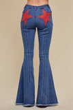 SIP6225A DENIM/RED SUEDE STARS FLARE DENIM JEANS - WESTERN