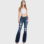 Petite Distressed Mid Rise Stretch Flare