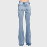 P586MF-MD MID RISE STRETCH FLARE JEANWITH FRAYED TROUSER HEM