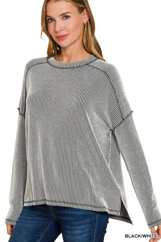 Raised Rib Raw Edge Boat Neck Long Sleeve Top