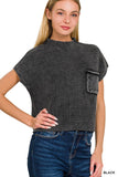 WASHED MOCK NECK SHORT SLEEVE CROPPED SWEATER