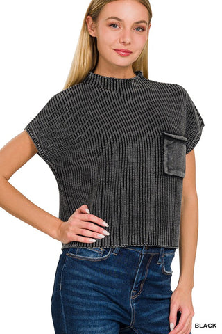 WASHED MOCK NECK SHORT SLEEVE CROPPED SWEATER