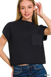 WASHED MOCK NECK SHORT SLEEVE CROPPED SWEATER