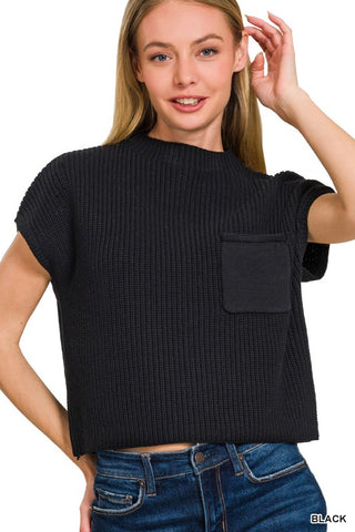 WASHED MOCK NECK SHORT SLEEVE CROPPED SWEATER
