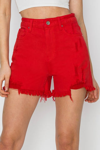 Red Denim Distressed Shorts