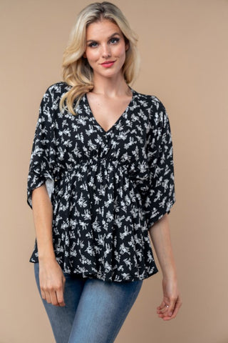 Three Quarter Sleeve Floral Print Knit Top