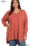 PLUS HI-LOW HEM V-NECK CENTER SEAM SWEATER