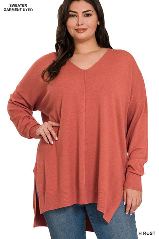 PLUS HI-LOW HEM V-NECK CENTER SEAM SWEATER