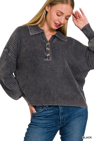 Washed Collared Henley Shirts Sweater