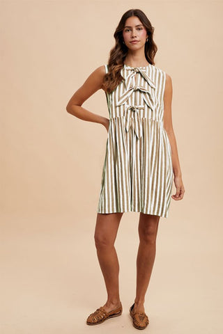 Vertical Striped Front Bow Detail Mini Dress