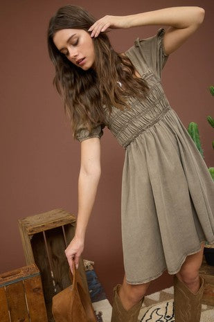 Washed Smocked Short Puff Sleeve Mini Dress