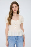 Smocked Puff Sleeve Ruffle Detail Half Button Top