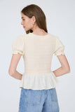 Smocked Puff Sleeve Ruffle Detail Half Button Top
