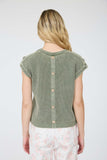Acid Washed Tab Sleeve Back Button Knit Top