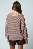 Stripe Split Neck Long Sleeve Seam Detail Knit Top