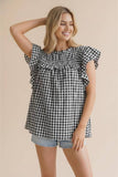 Frilled Mock Neck Shirred Yoke Gingham Blouse