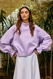 IT2995 Ruffled cuff Detail Mock-neck Crop Terry Sweatshirt