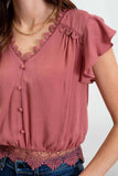 SCALLOP LACE TRIM BACK TIE SHORT SLEEVE CROP TOP