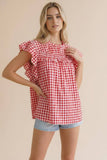 Frilled Mock Neck Shirred Yoke Gingham Blouse