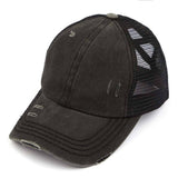 C.C Washed Denim with Crossed Elastic Band Mesh Pony Cap
