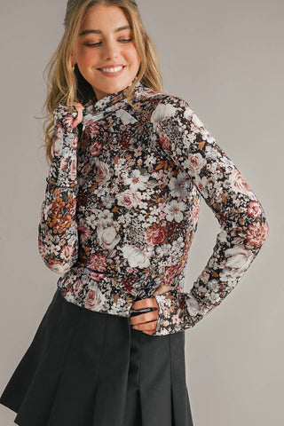 Sassy Floral Mock Neck Mesh Long Sleeve Blouse | S-XL